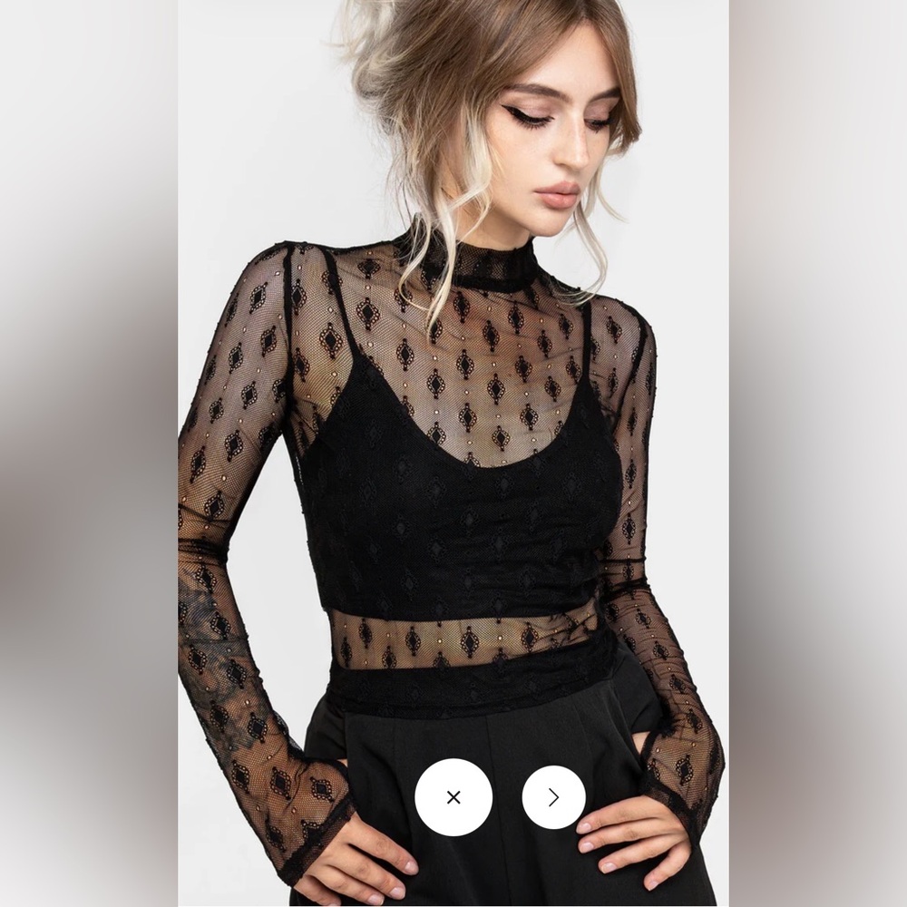 Disturbia Sheer Black Lace Long-Sleeve Mock Neck Top US Sz 10